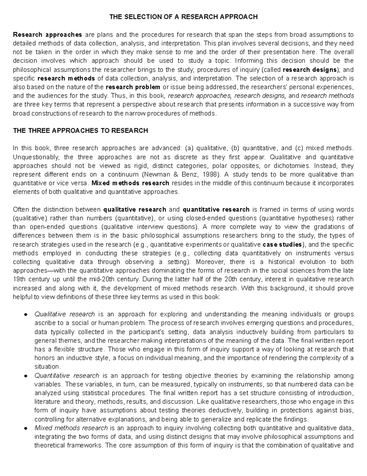 Research Approaches: Qualitative, Quantitative, and Mixed Methods - Studocu