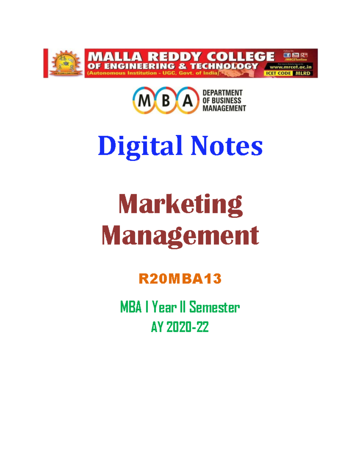 Marketing Management: Comprehensive Notes for R20MBA - MBA I Year - Studocu