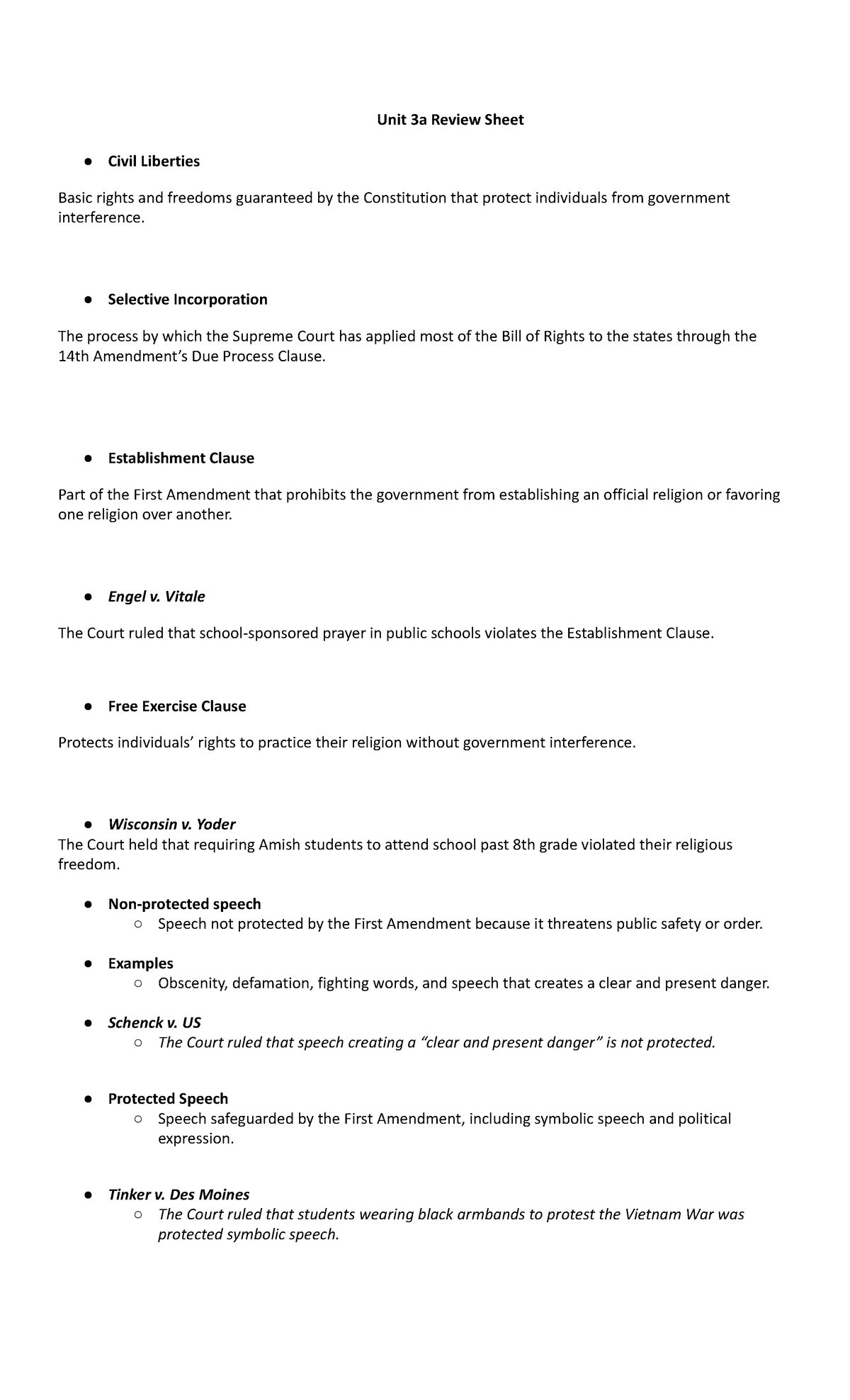 AP Gov Unit 3A Review Sheet: Civil Liberties & Rights - Studocu