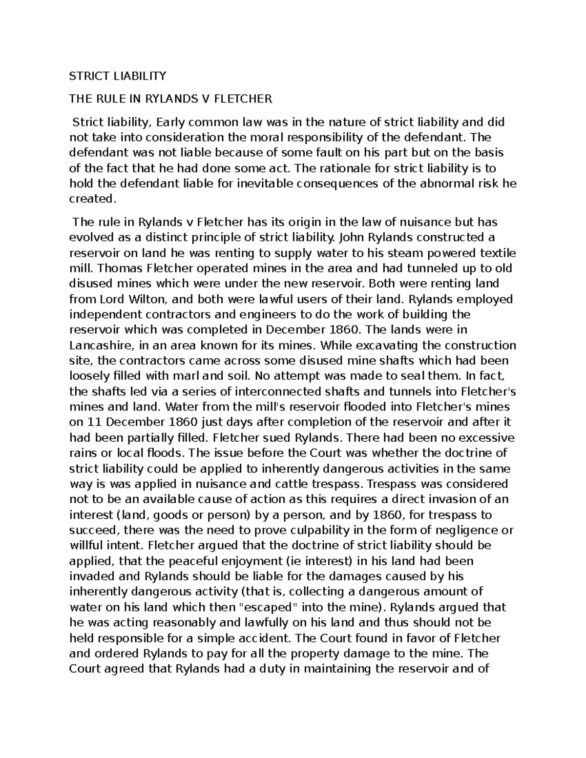 STRICT LIABILITY IN RYLANDS V FLETCHER: A COMPREHENSIVE ANALYSIS - Studocu