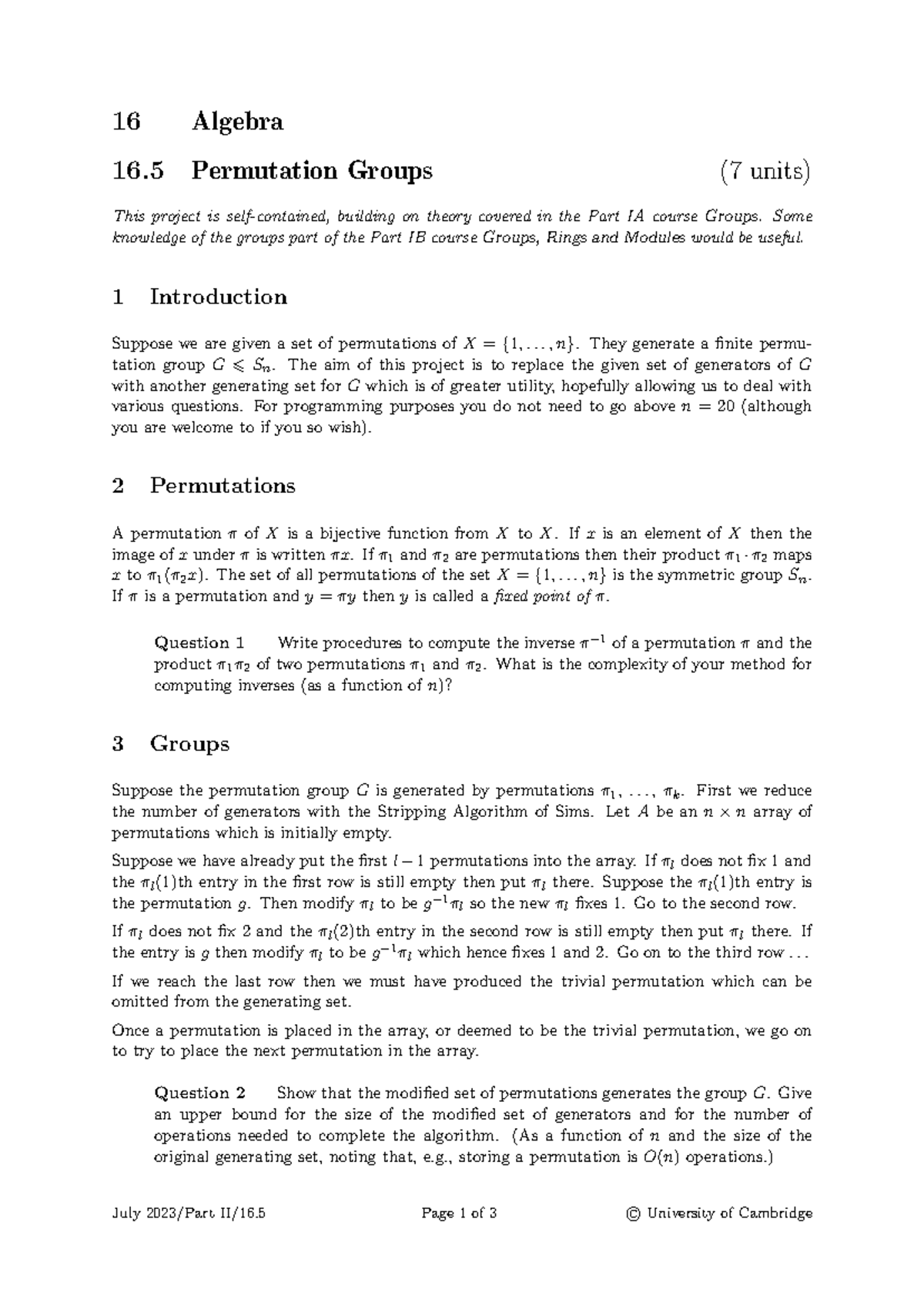 16 Algebra 16.5 Permutation Groups Project (7 units) - Studocu