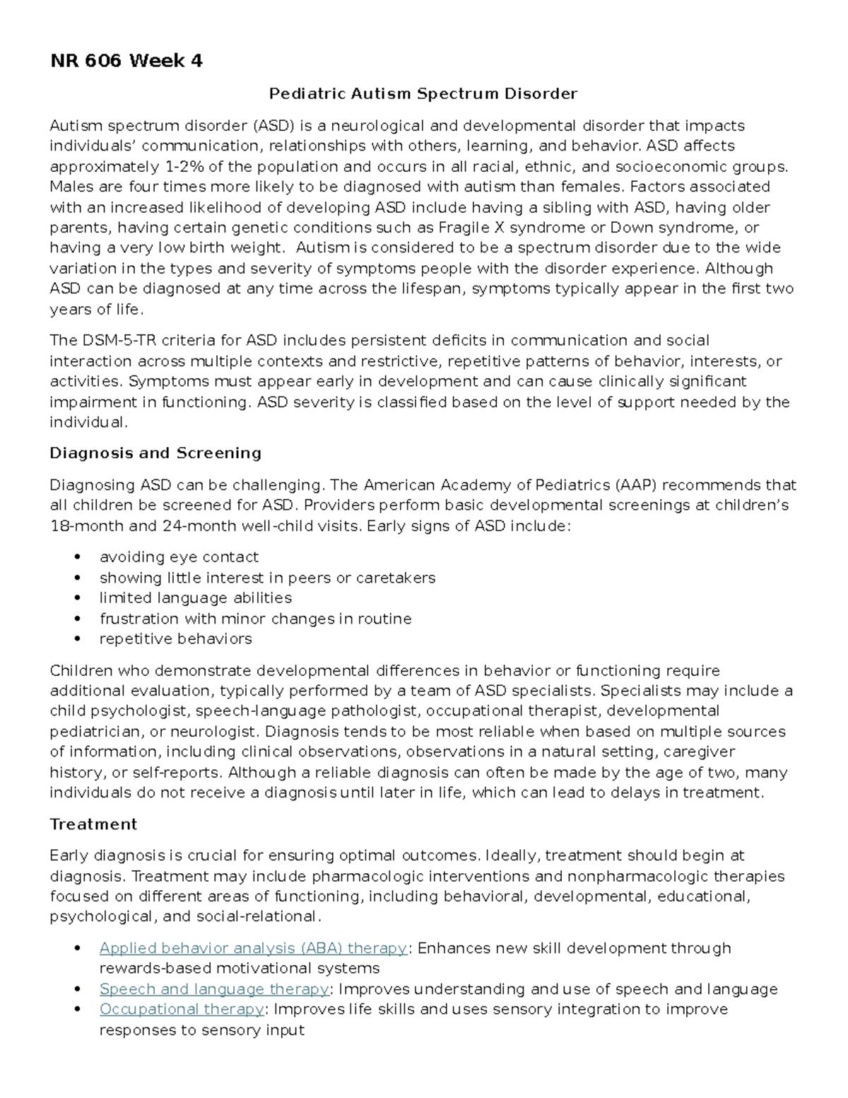 NR 606 Week 4 Lecture Notes on Pediatric Autism Spectrum Disorder - Studocu