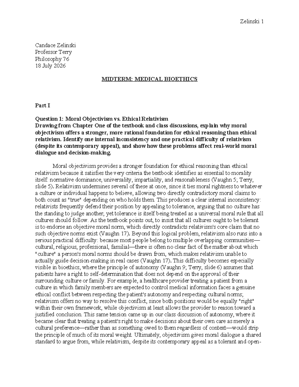 Phil 76 Midterm: Medical Bioethics - Moral Objectivism vs. Relativism ...