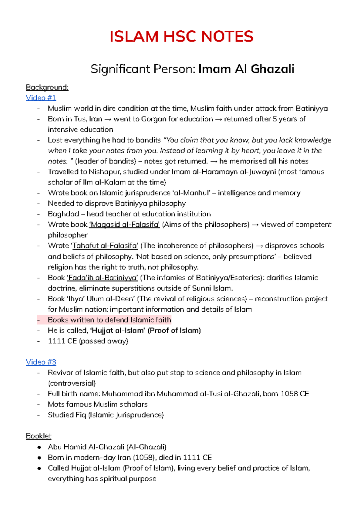 Islam HSC Notes: The Impact of Imam Al-Ghazali on Islamic Thought - Studocu