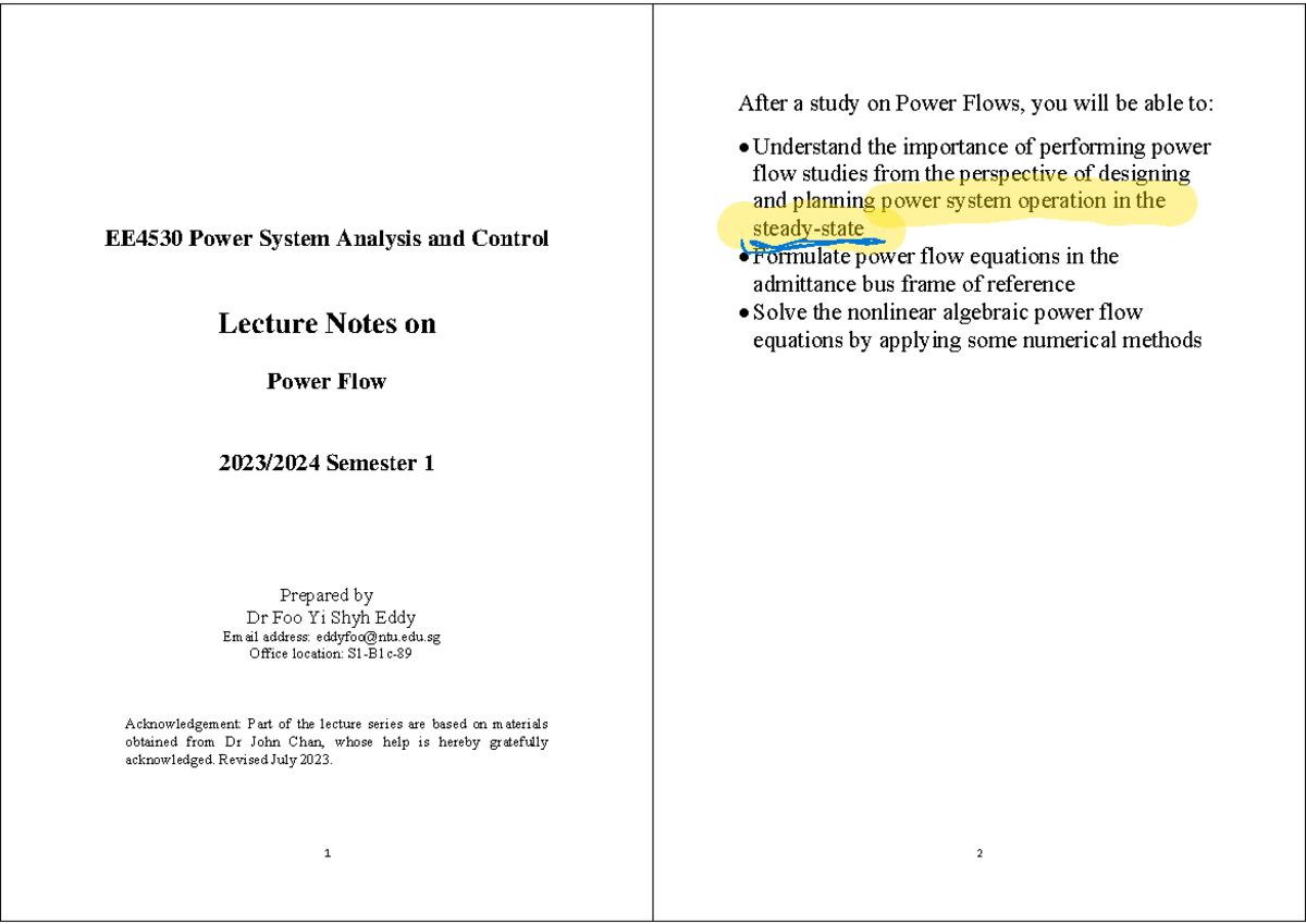 EE4530 Lecture Notes on Power Flow Analysis (Revised July 2023) - Studocu