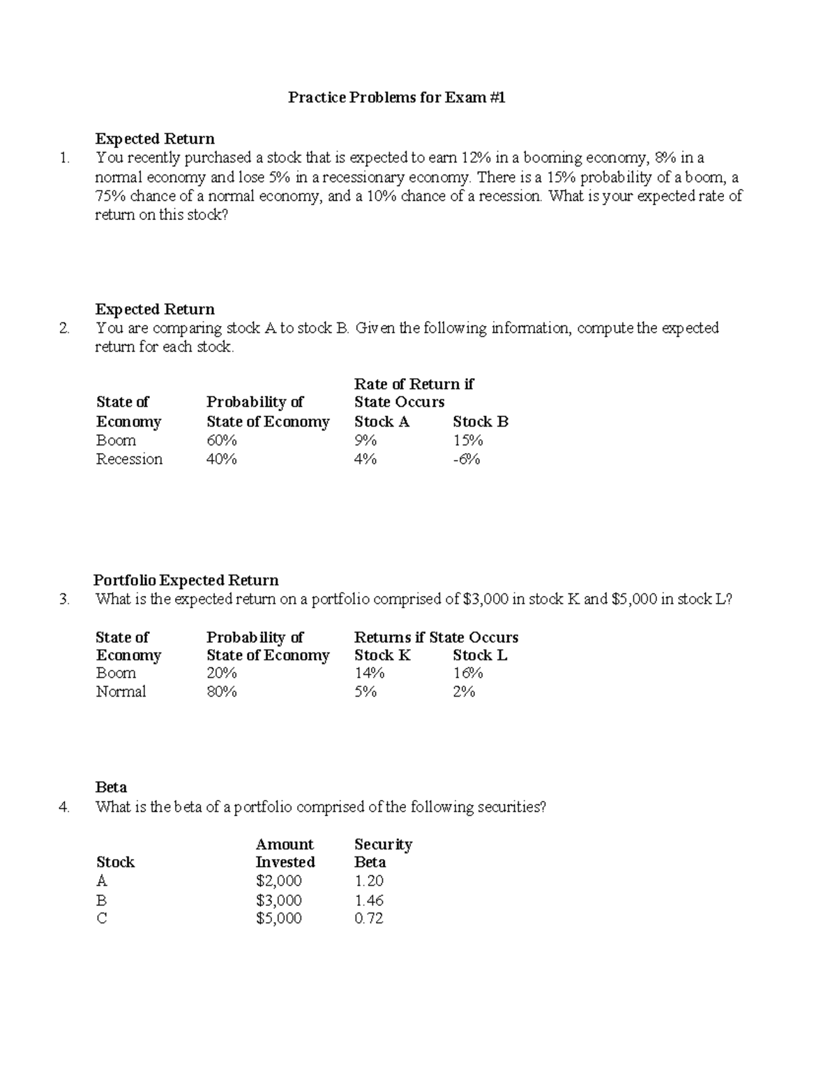Practice Problems with Solutions for Exam #1 (Finance 101) - Studocu