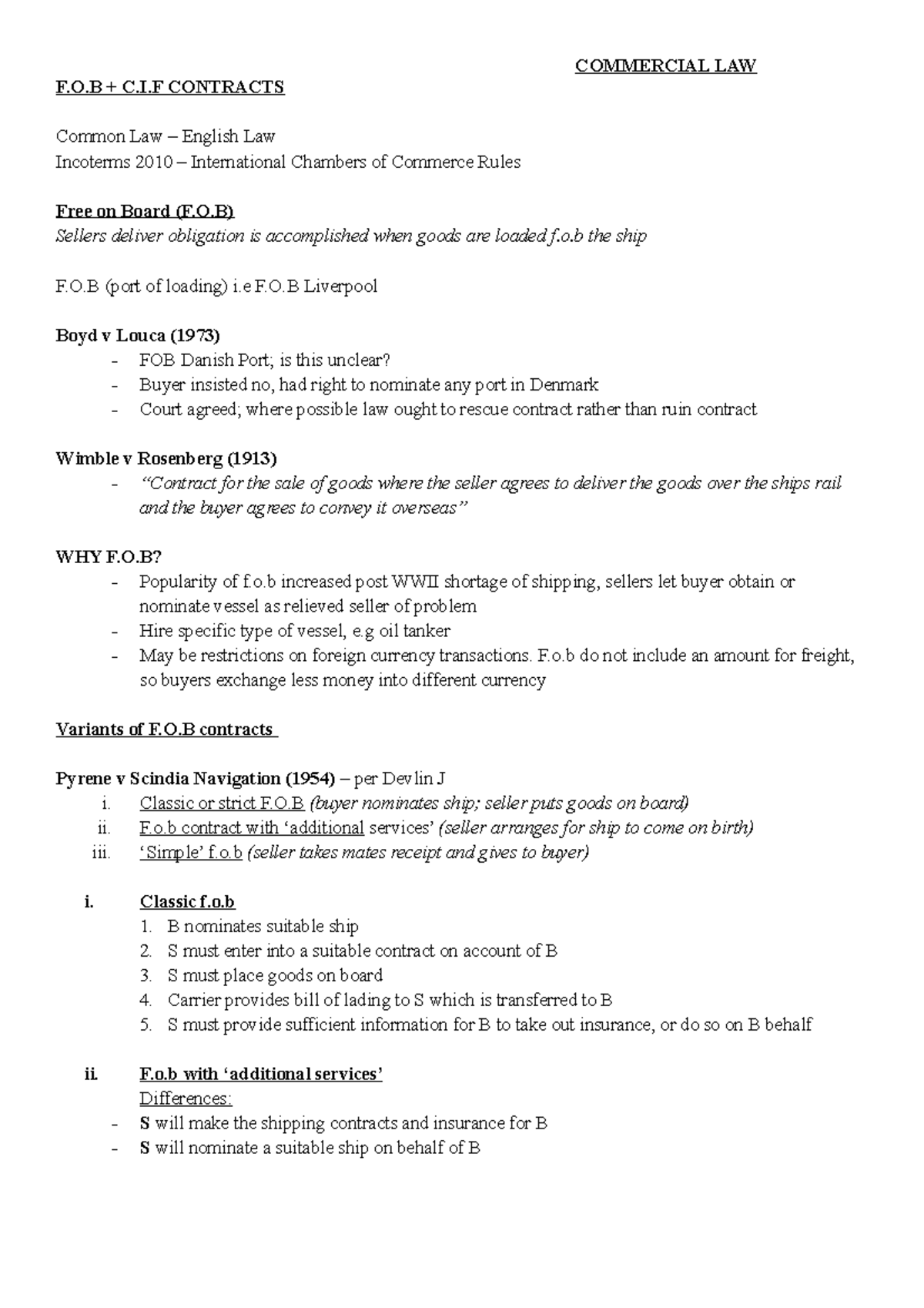 BPP Notes on FOB & CIF Contracts: Common Law Insights - Studocu