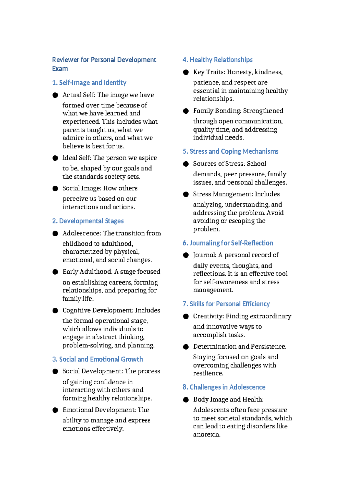 Personal Development Exam Reviewer: Key Concepts and Stages - Studocu