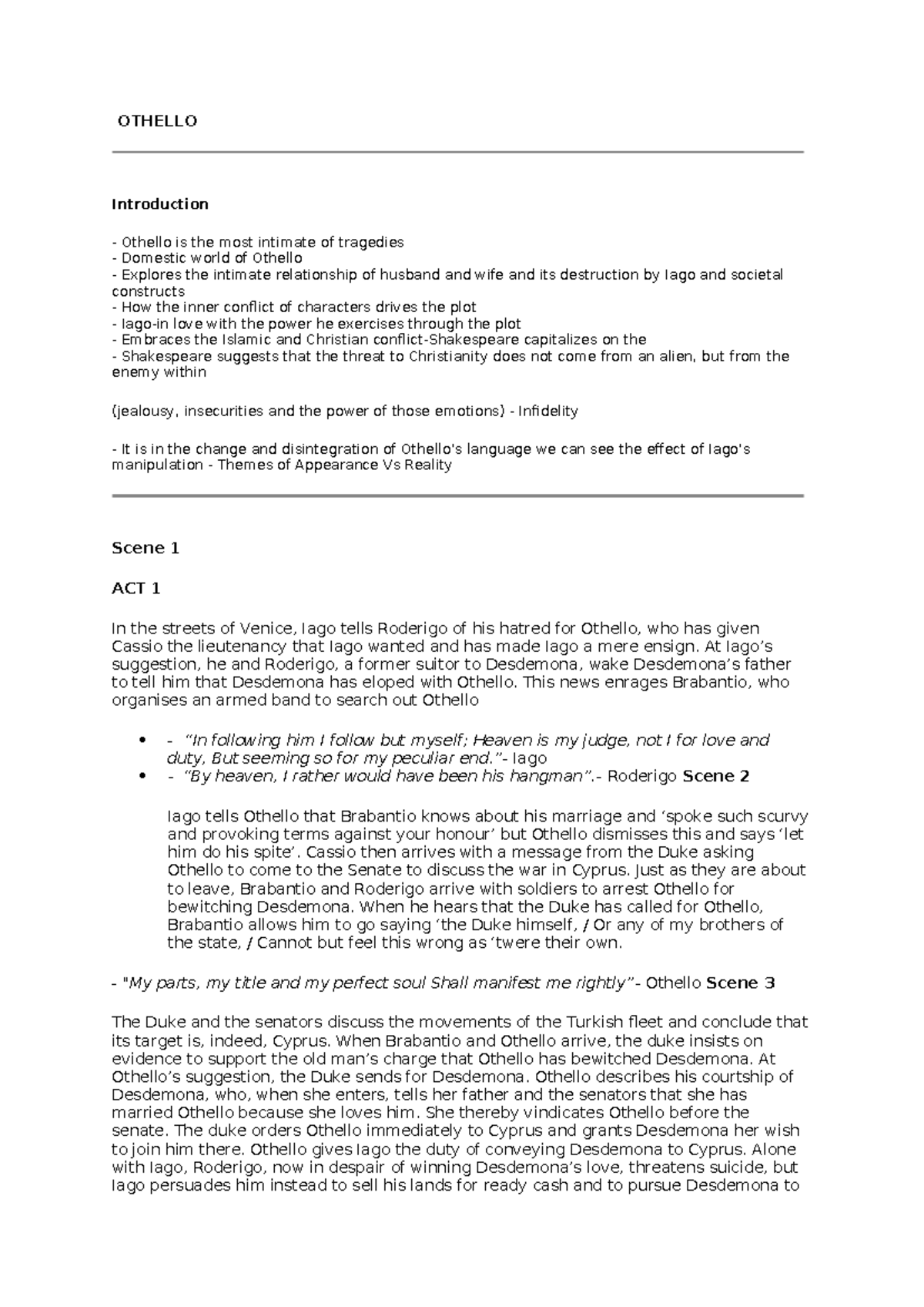 Othello Analysis: Detailed Act-by-Act Notes and Insights - Studocu