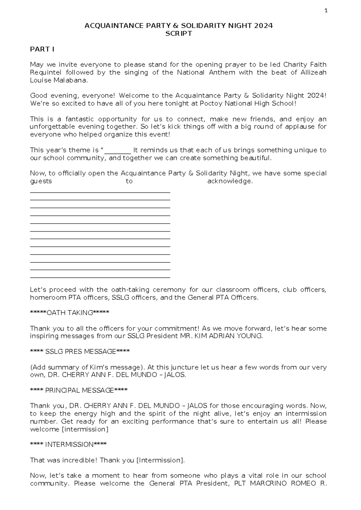 Acquaintance Party & Solidarity Night 2024: Event Script - Studocu