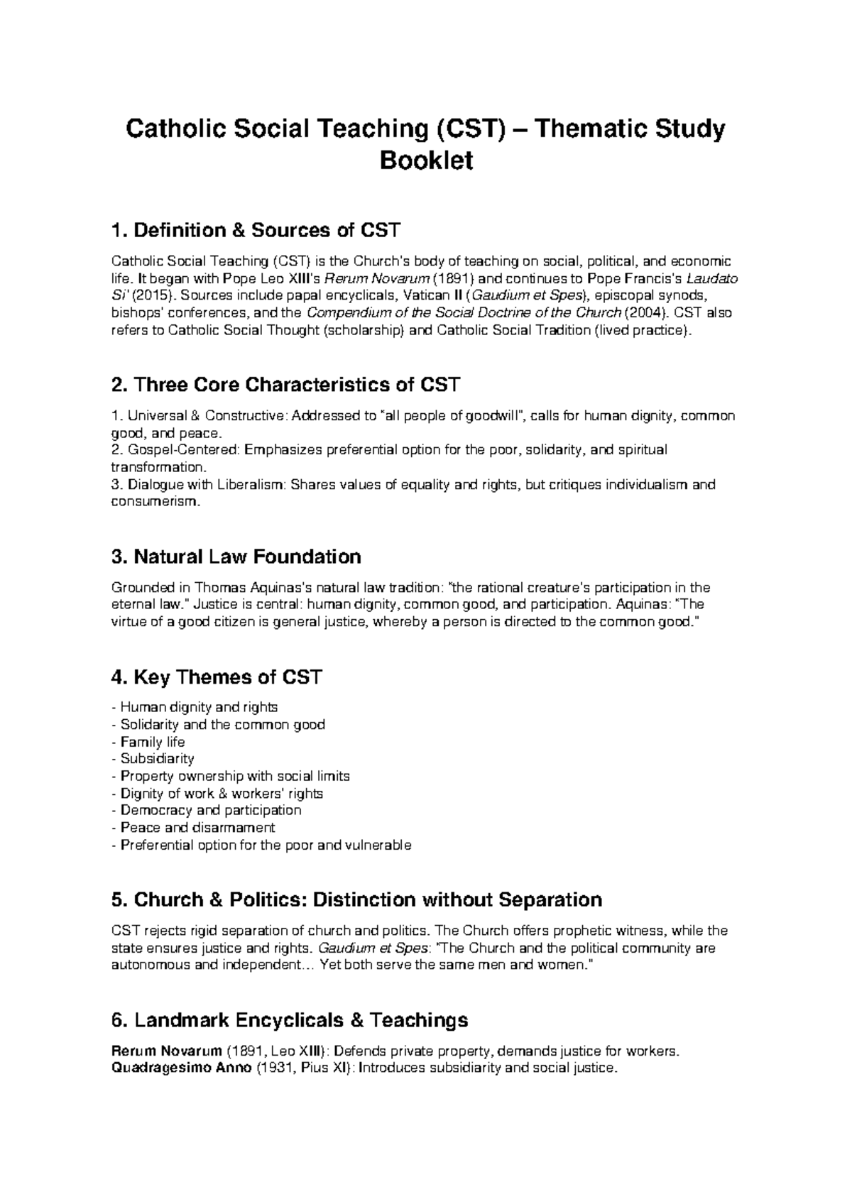 CST Thematic Study Booklet: Key Concepts & Encyclicals Overview - Studocu