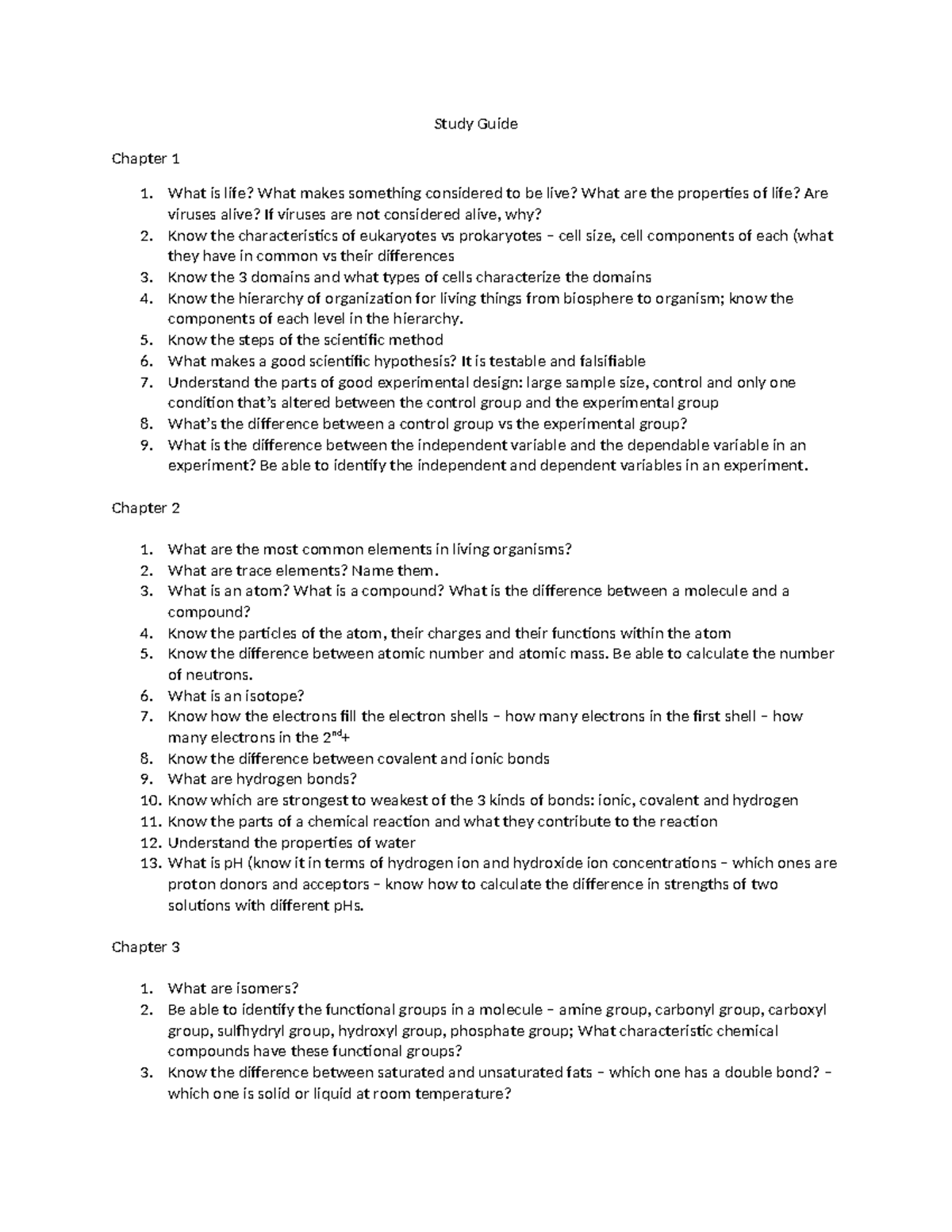 BIO 101 Exam 1 Study Guide: Key Concepts from Chapters 1-3 - Studocu