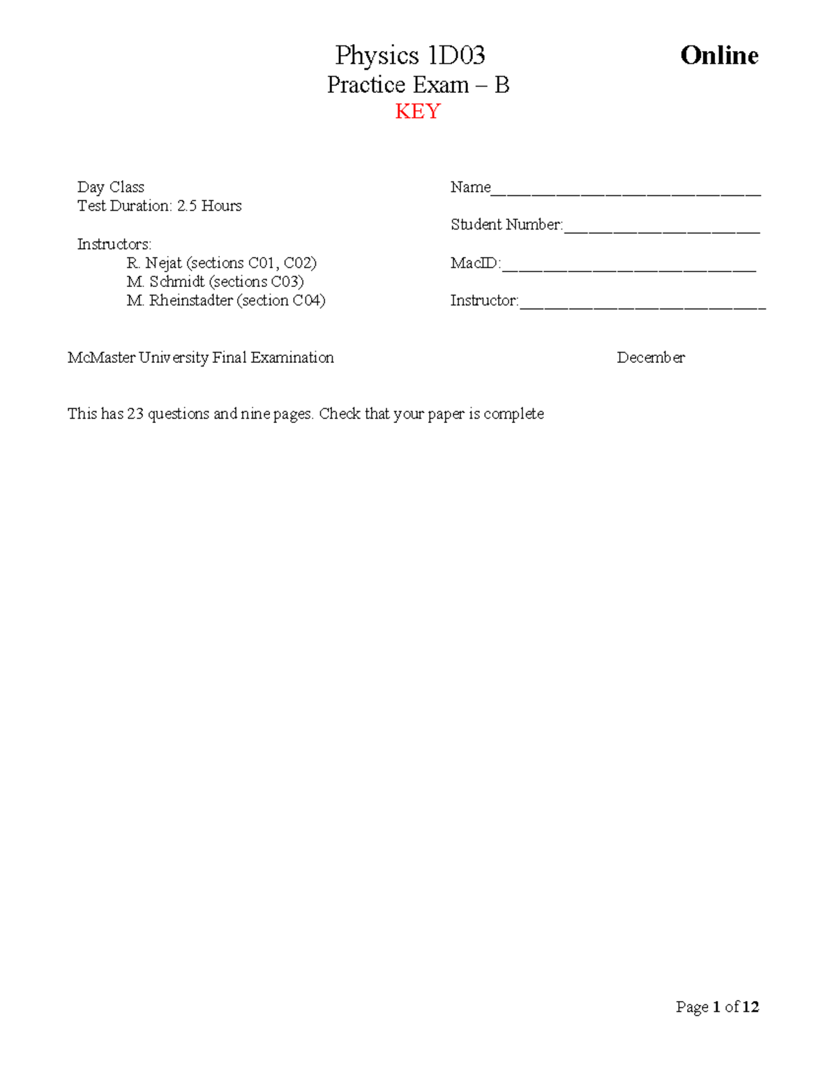 Physics 1D03 Final Exam B Key - December Practice Test Answers - Studocu