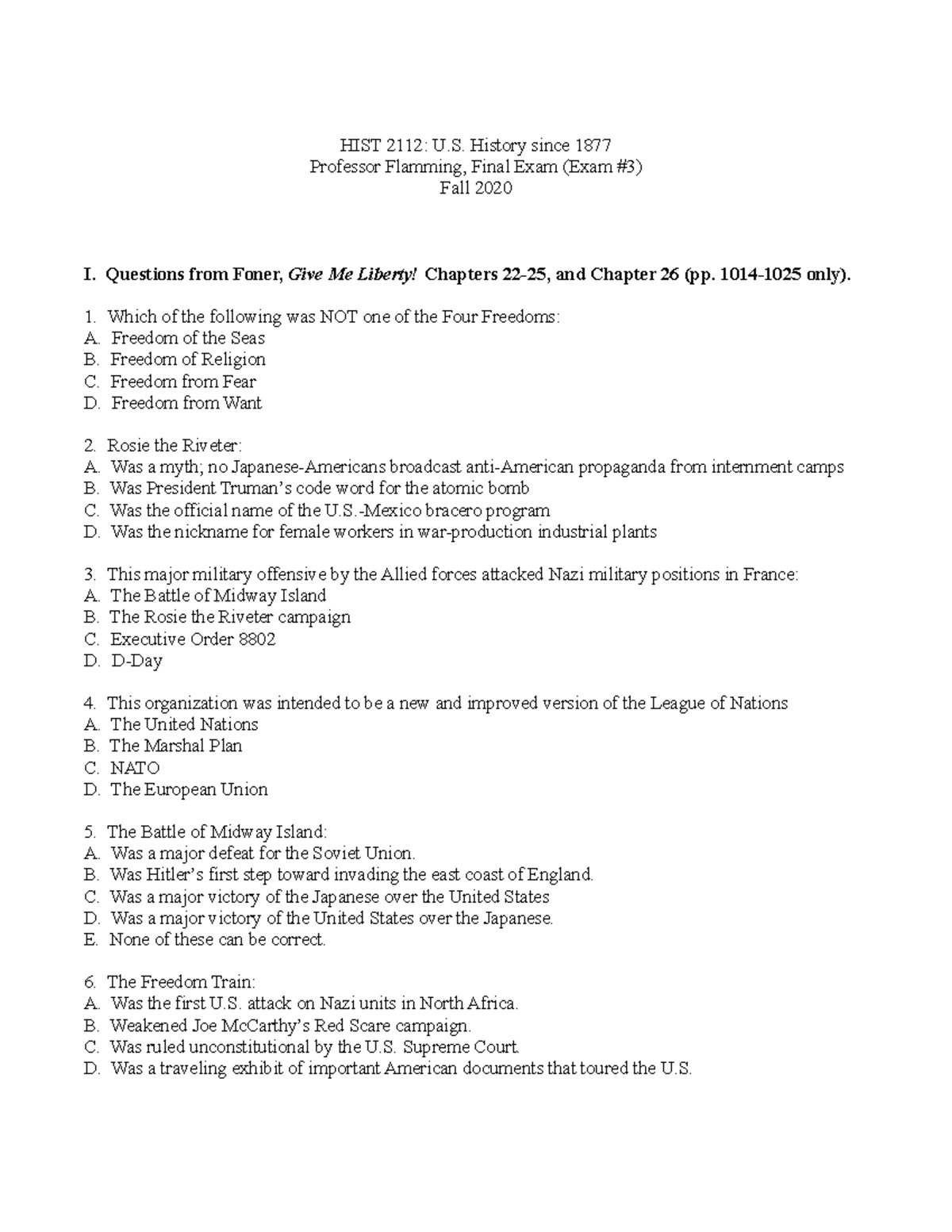 HIST 2112 midterm 3 - HIST 2112: U. History since 1877 Professor ...