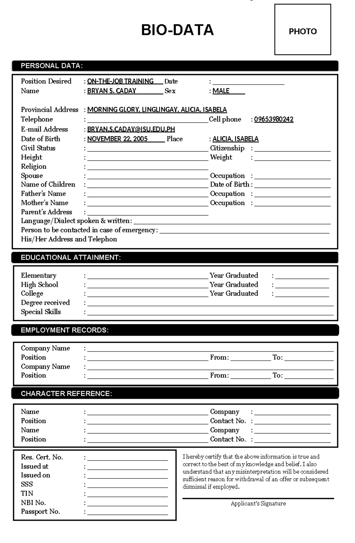 Biodata Form Example for Job Application in the Philippines - Studocu