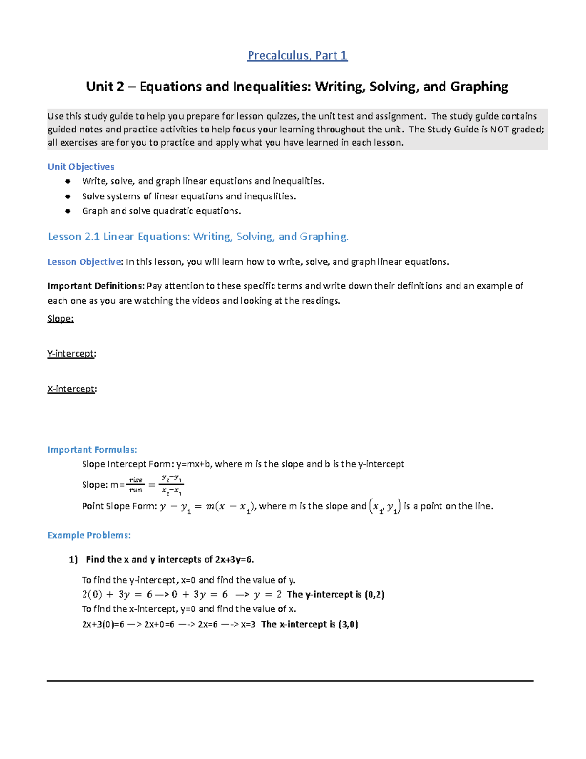 Precalculus (MATH101) Unit 2 Study Guide: Equations & Inequalities ...