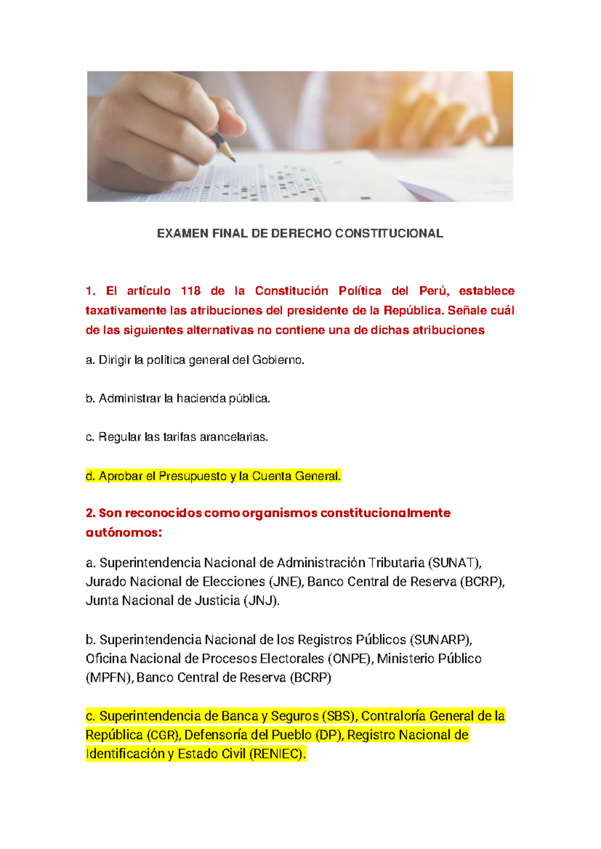 Examen Final Derecho Constitucional 7: Preguntas y Respuestas Clave ...