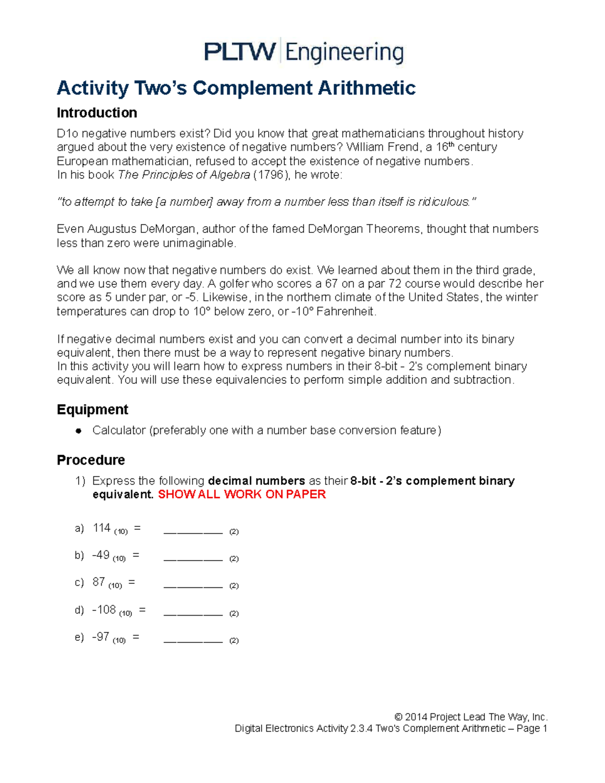 2s Complement Arithmetic Activity D1o: Understanding Negative Numbers ...