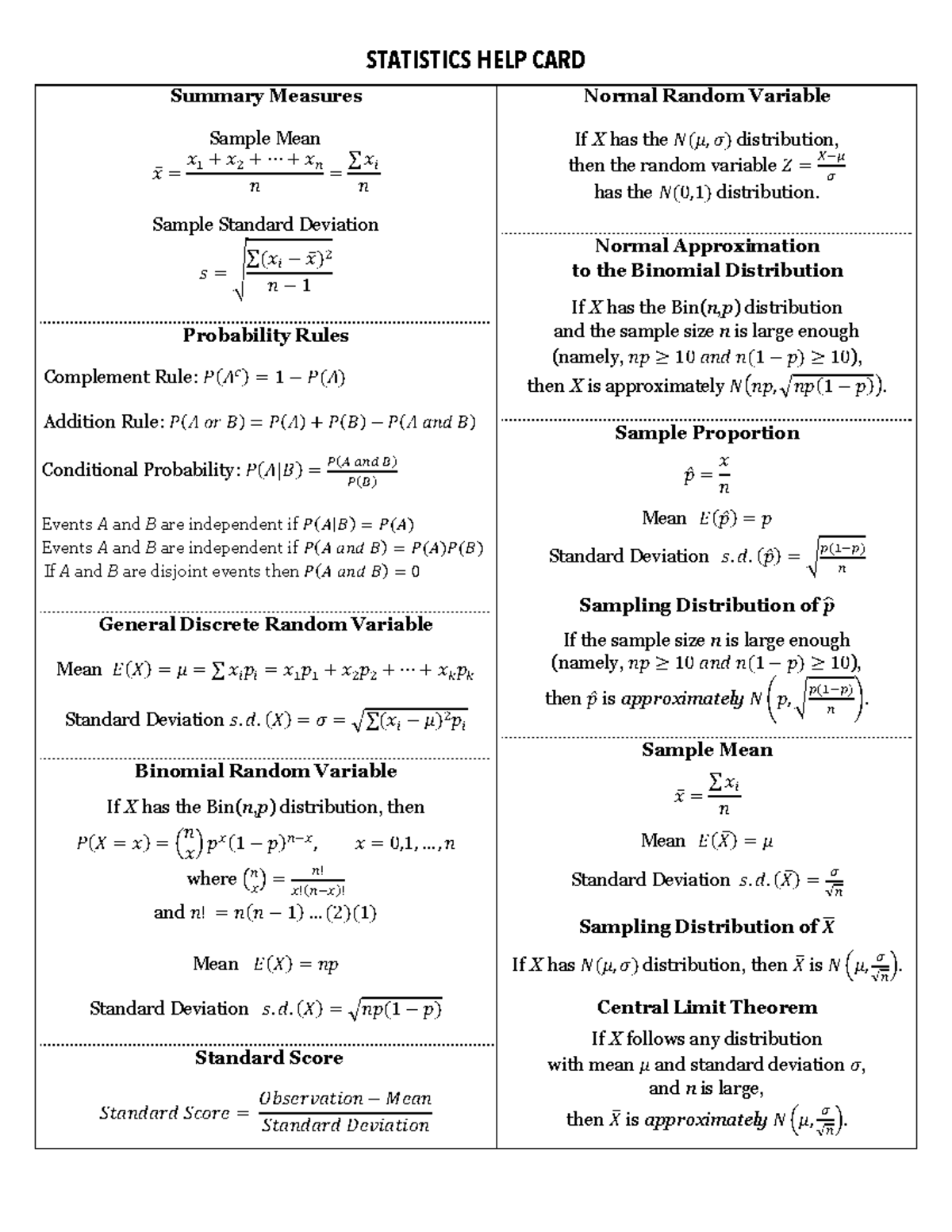 Full Exam Help Card - STATISTICS HELP CARD Summary Measures Sample Mean ...