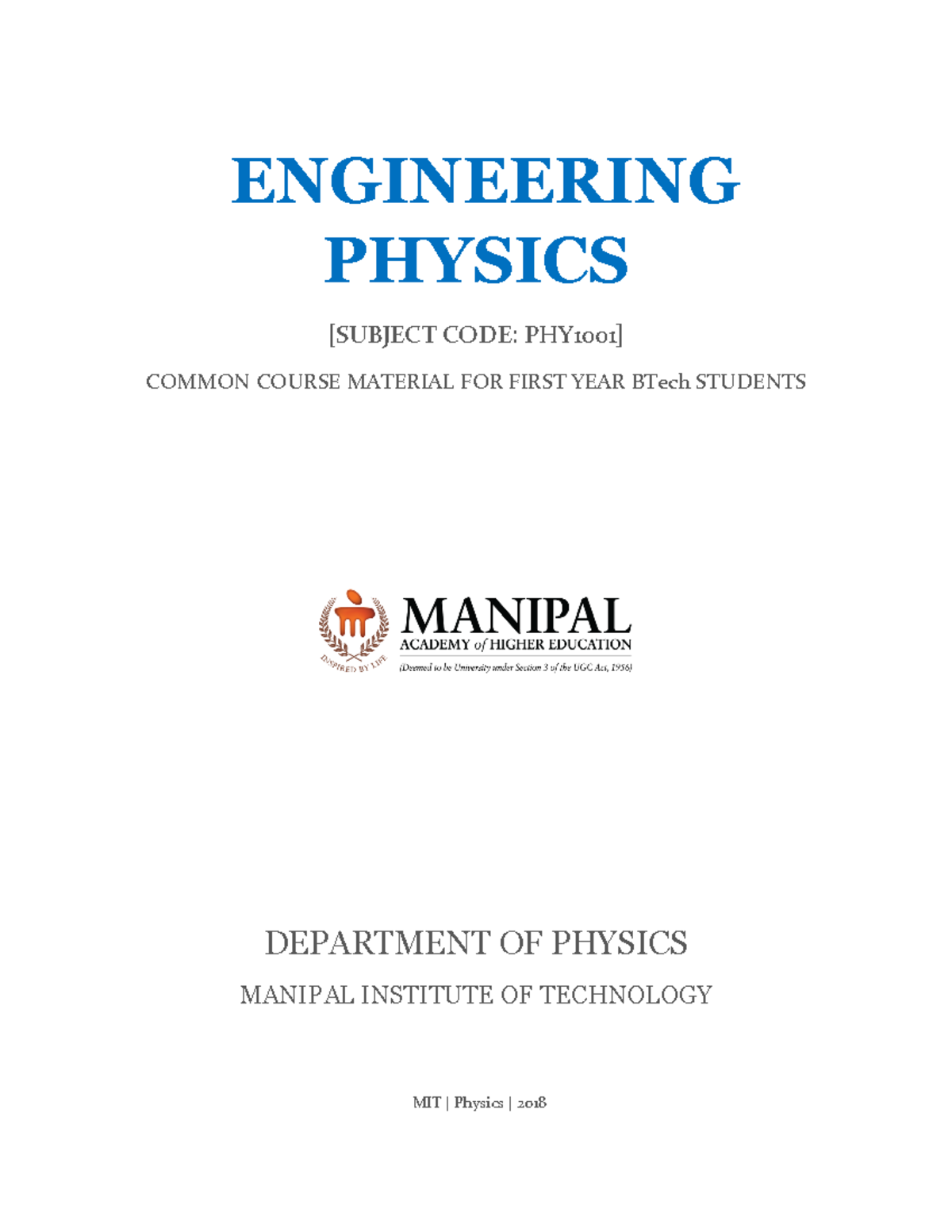 PHYSICS Common Course Material - bachelors of engineering - Manipal ...