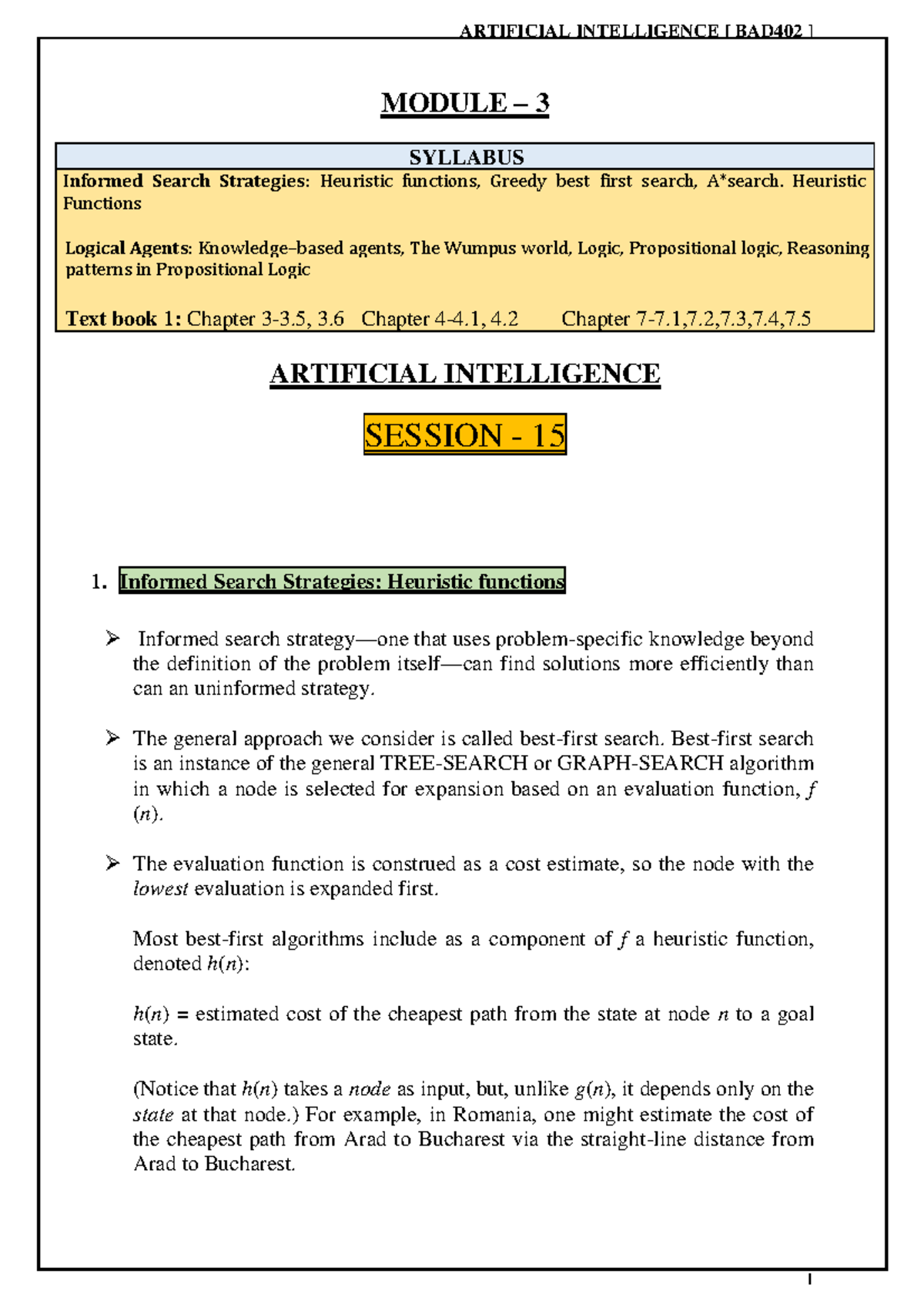 Informed Search Strategies and Logical Agents - BAD402 Module 3 Notes ...