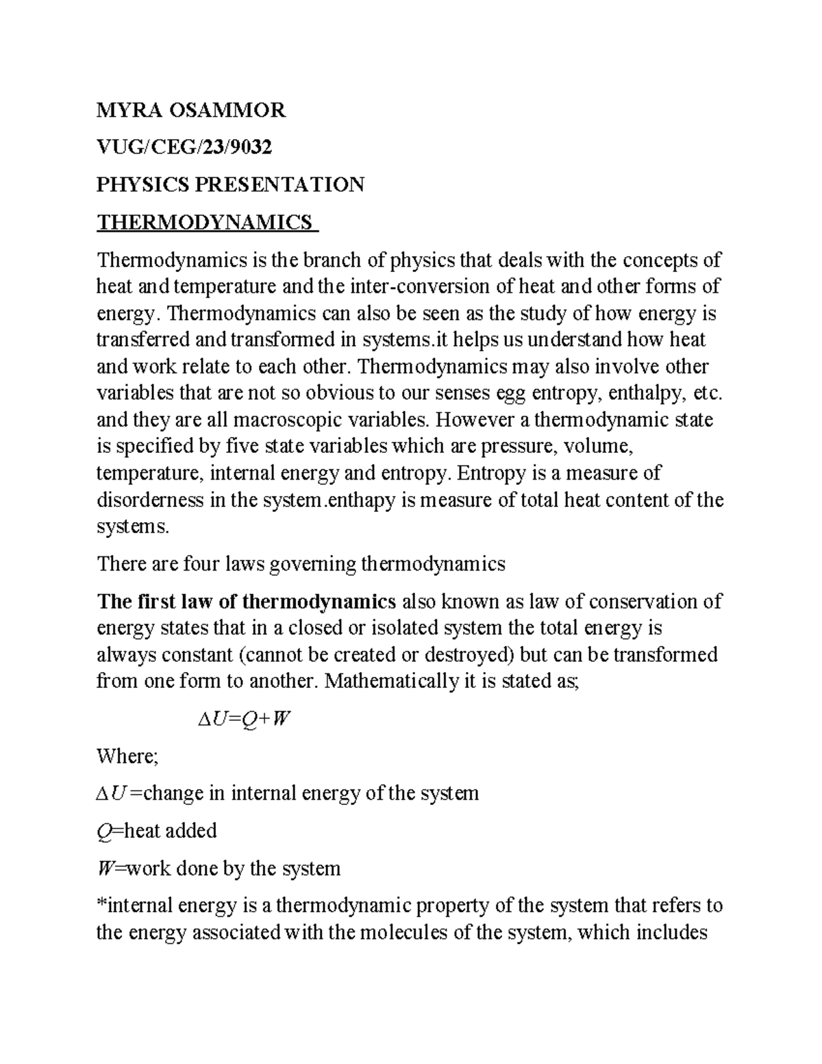 MYRA OSAMMOR PHYS 101 THERMODYNAMICS PRESENTATION NOTES - Studocu