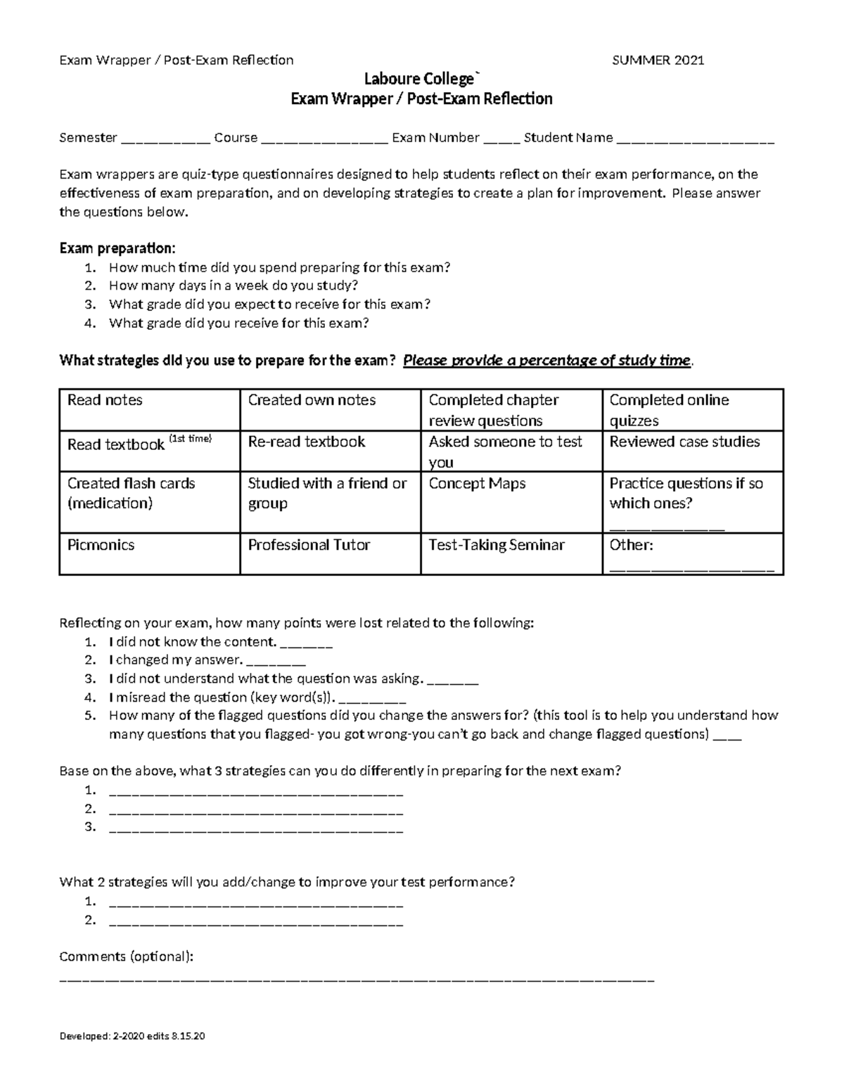 20 Exam wrappers - Exam Wrapper / Post-Exam Reflection SUMMER 2021 ...