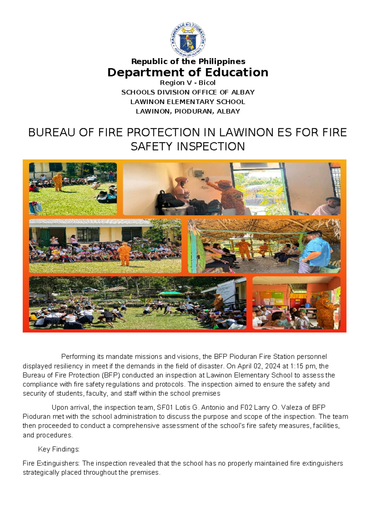 BFP Fire Safety Inspection Report for Lawinon ES (LES) - Studocu