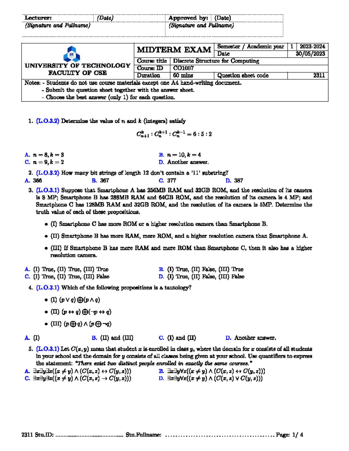 Midterm Exam CO1007: Discrete Structures for Computing Solutions - Studocu