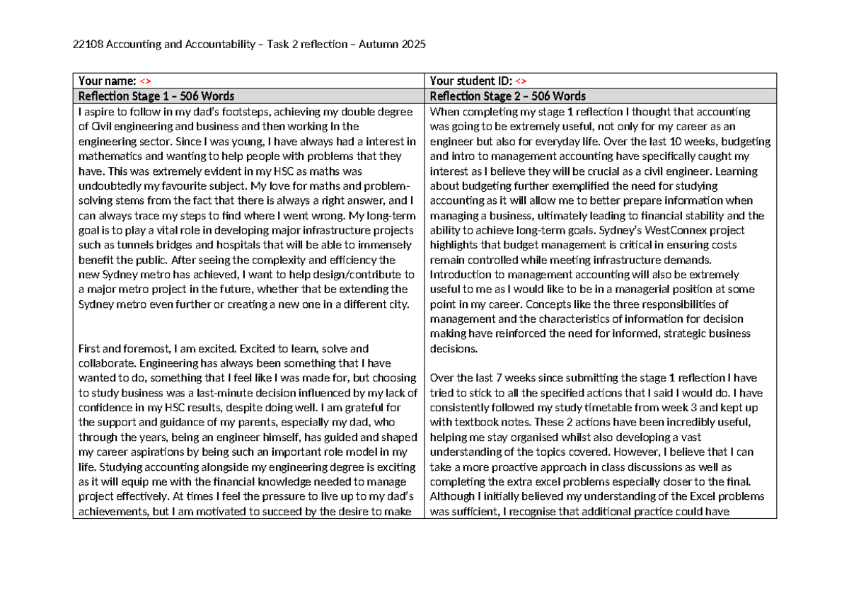 22108 Accounting and Accountability Task 2 Reflection - Autumn 2025 ...