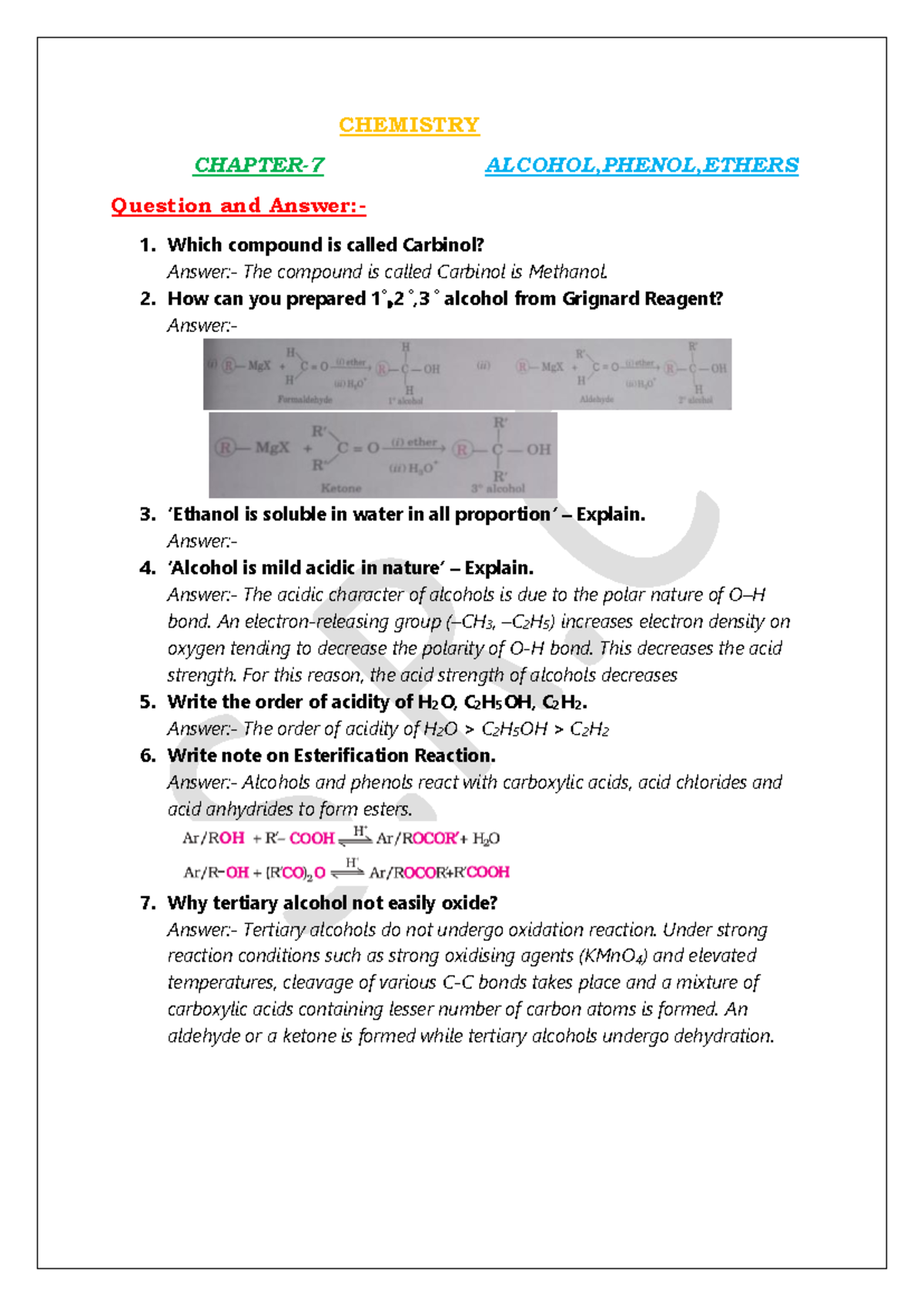 Chemistry Alcohol - class note - CHEMISTRY CHAPTER- 7 ALCOHOL,PHENOL ...