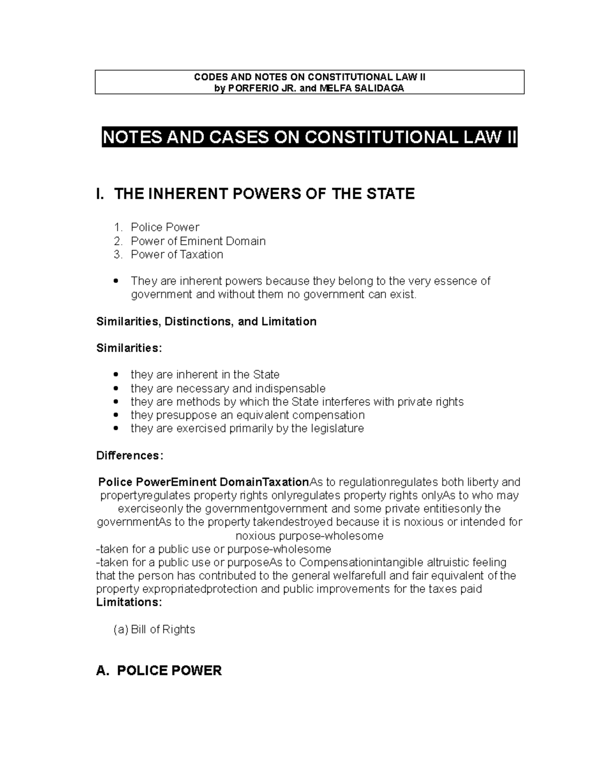 CODES AND NOTES ON CONSTITUTIONAL LAW II: INHERENT POWERS OF THE STATE ...