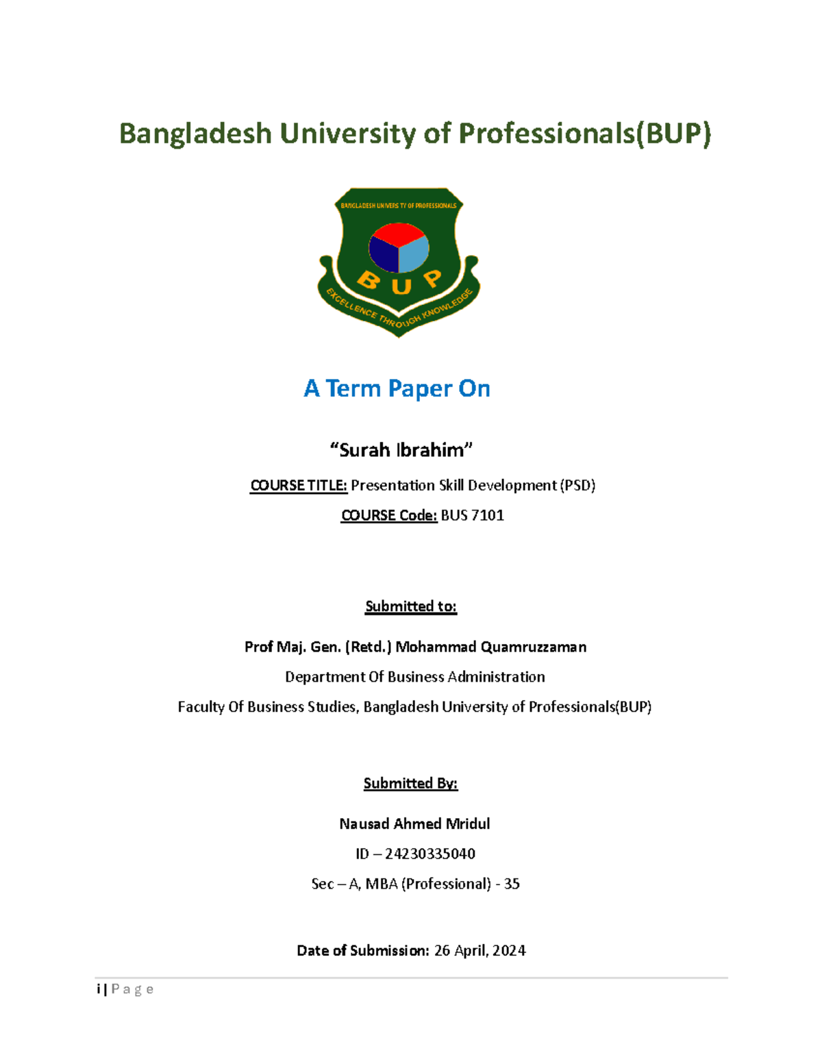 PSD Term paper - i | P a g e Bangladesh University of Professionals(BUP ...