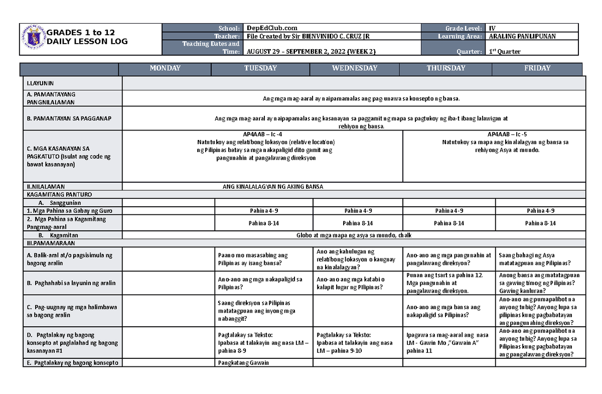 DLL Araling Panlipunan 4 Q1 W2 - GRADES 1 to 12 DAILY LESSON LOG School ...