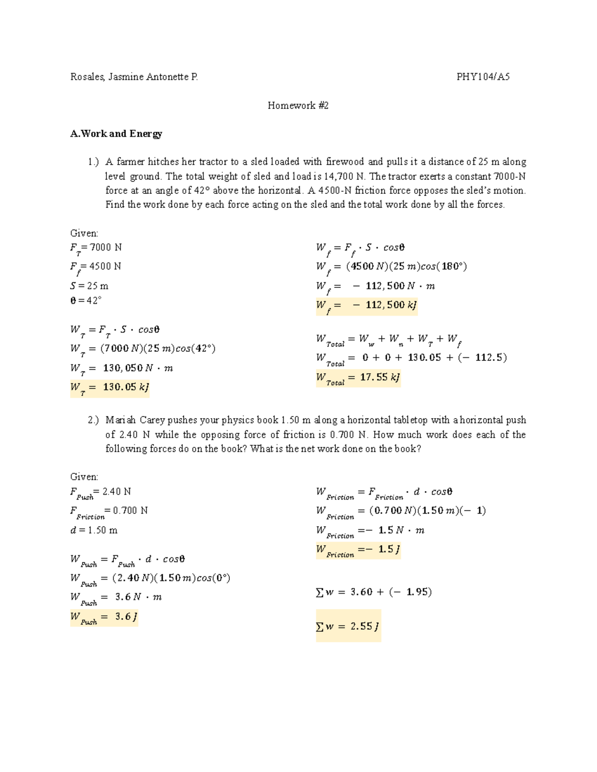 PHY104 Assignment 2: Work and Energy Problems Analysis - Studocu