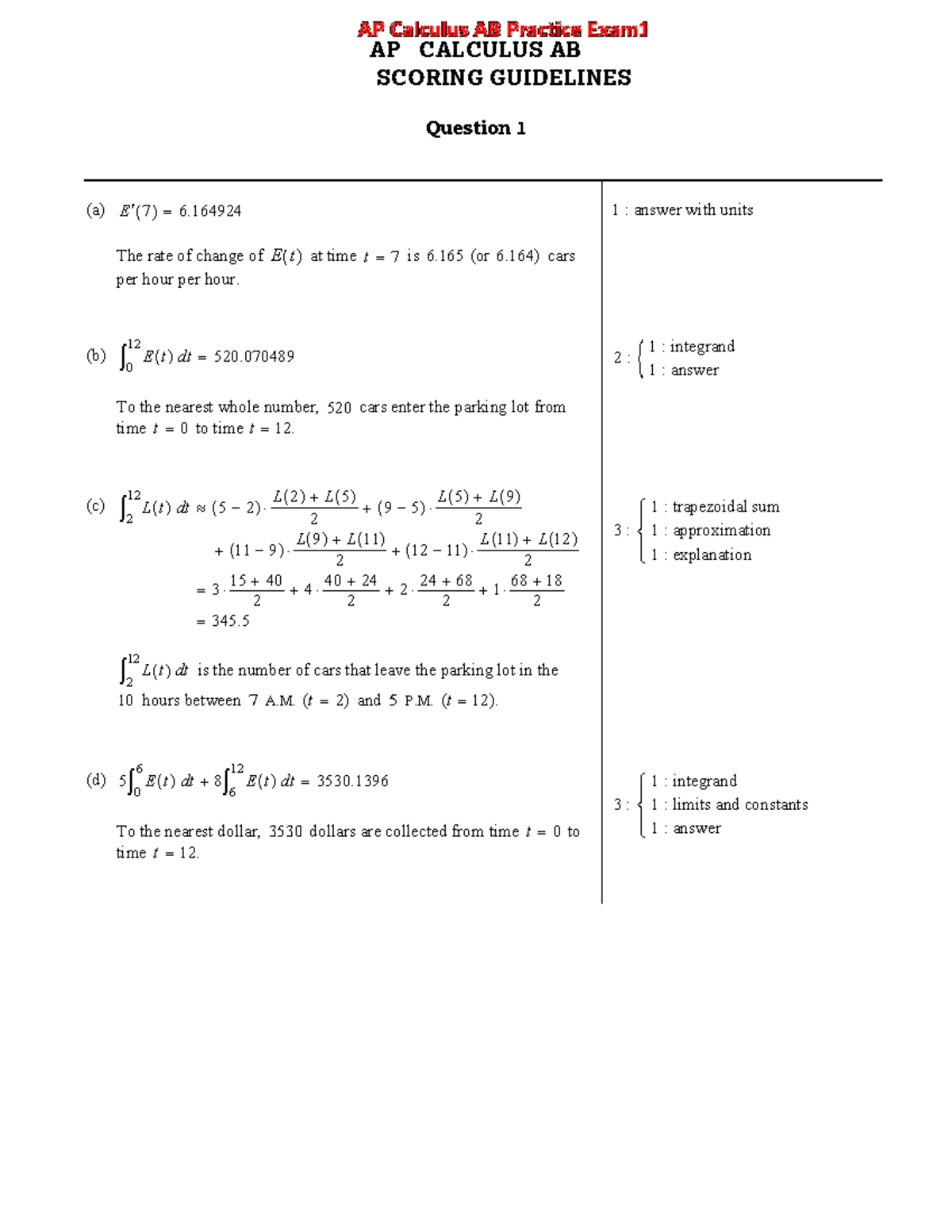 AP Calculus AB Practice Exam 1 Free Response Answers (2019) - Studocu