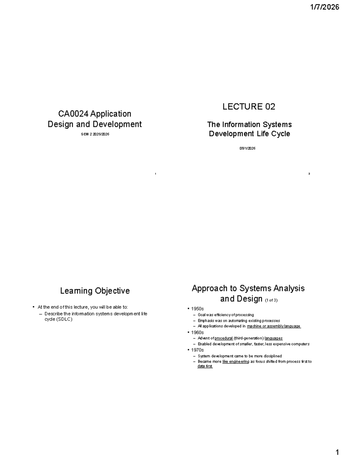 LECTURE 02 CA0024 SDLC Overview: Application Design & Development - Studocu