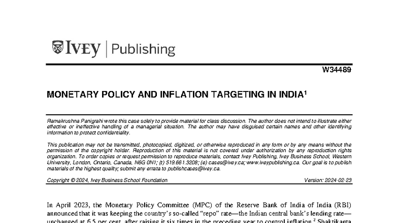 W34489 Case Study: Monetary Policy & Inflation Targeting in India - Studocu