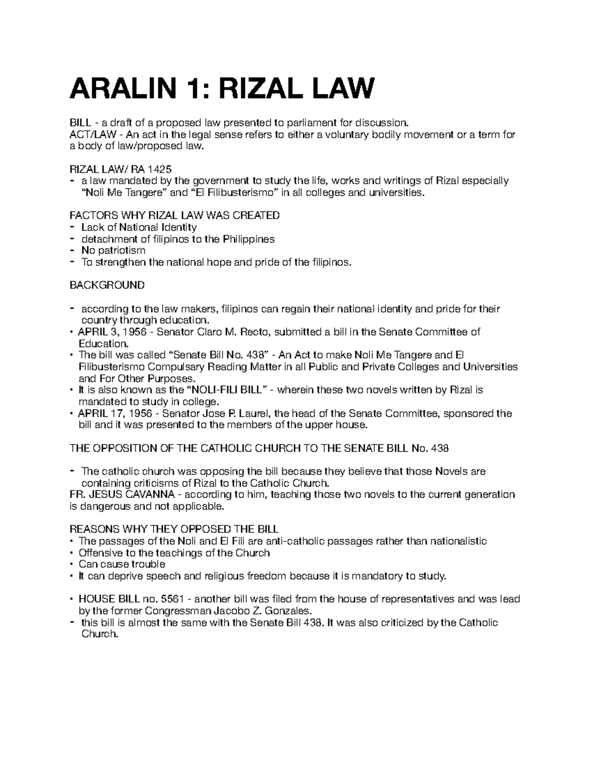 Life and works of rizal - ARALIN 1: RIZAL LAW BILL - a draft of a ...
