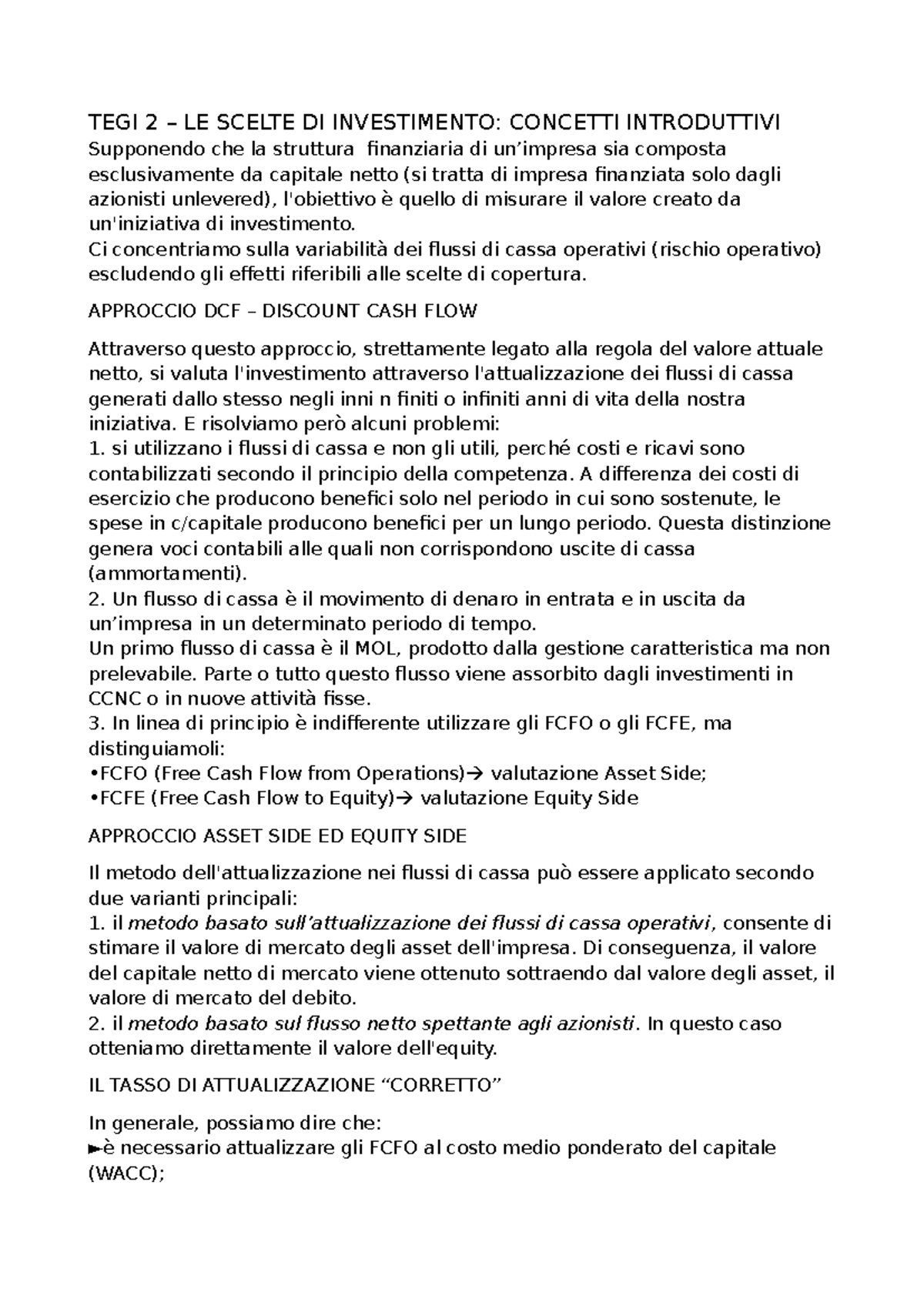 TEGI 2 - Riassunti e Appunti su Scelte di Investimento e DCF - Studocu