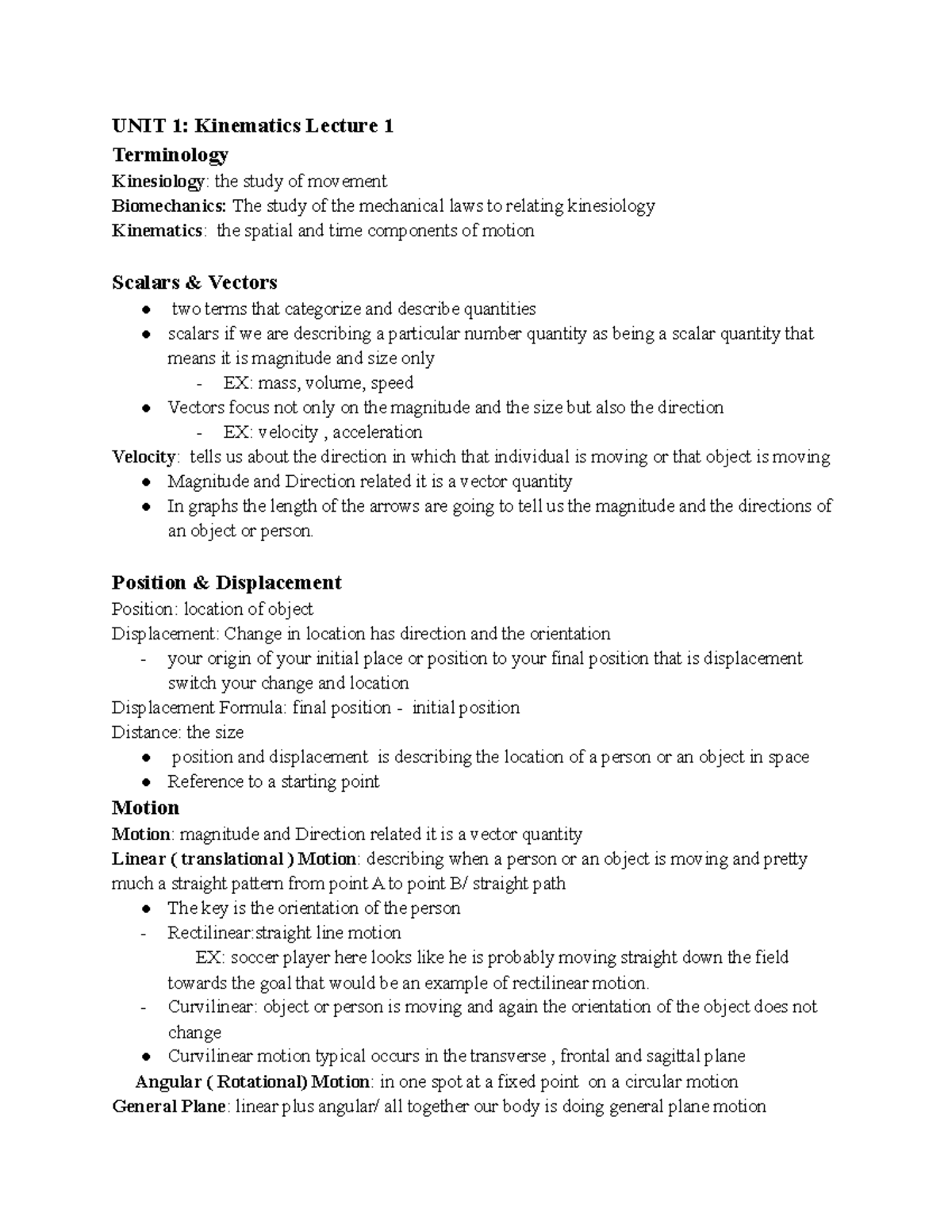 KINS 3202 Biomechanics Unit 1: Key Concepts in Kinematics and Kinetics ...