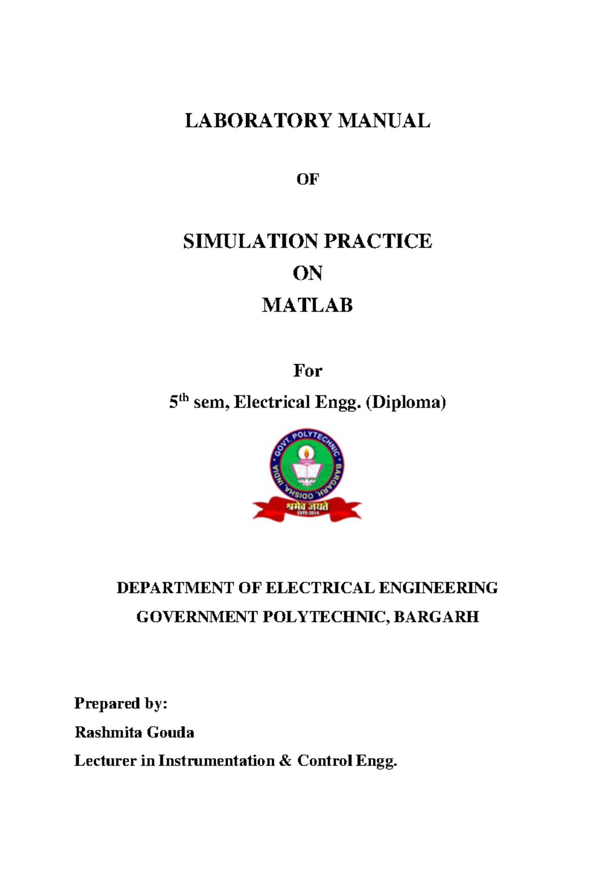MATLAB Simulation Practical File for Electrical Engg. (5th Sem) - Studocu