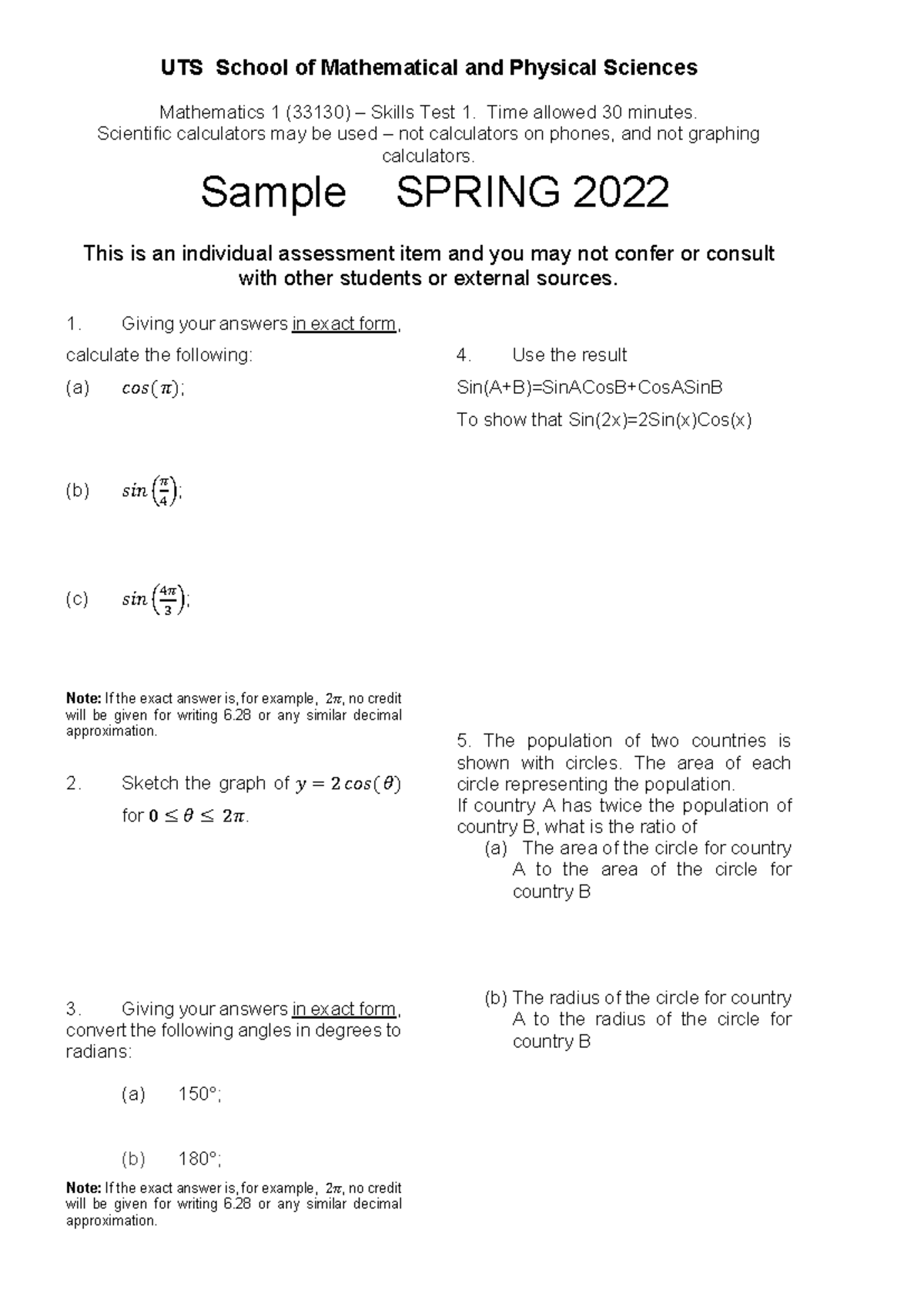 Mathematics 1 (33130) Skills Test 1 Sample Questions - SPRING 2022 ...