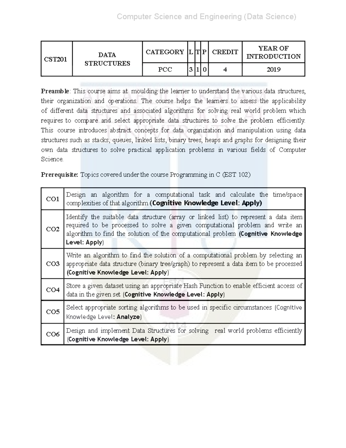 CST201 Data Structures Syllabus - Computer Science & Engineering - Studocu