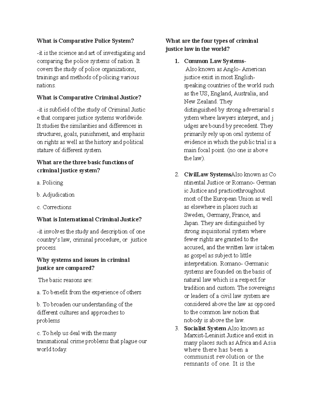 Prelim Notes - Comparative Models of Policing (CJS 101) - Studocu