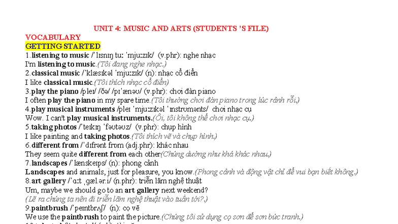 UNIT 4: MUSIC AND ARTS VOCABULARY & EXERCISES (GLOBAL SUCCESS 7HS ...