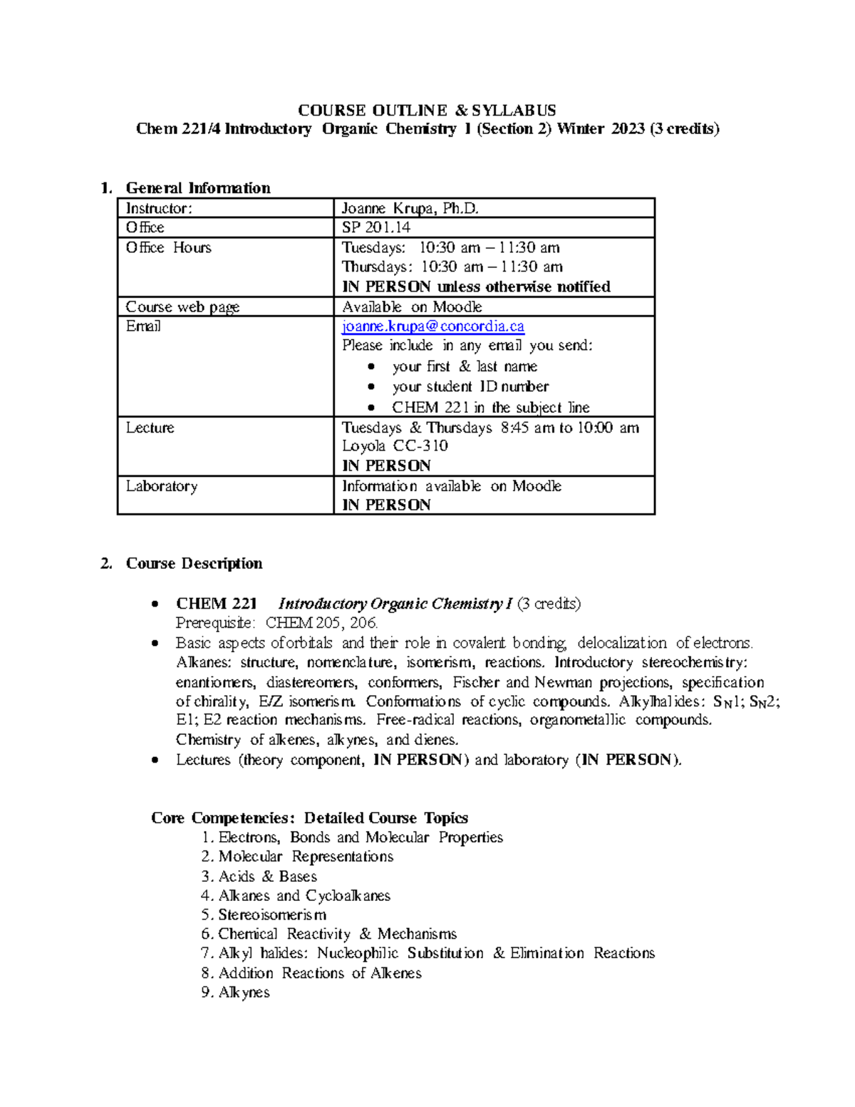 CHEM 221 Winter 2023 Syllabus - Introductory Organic Chemistry I - Studocu