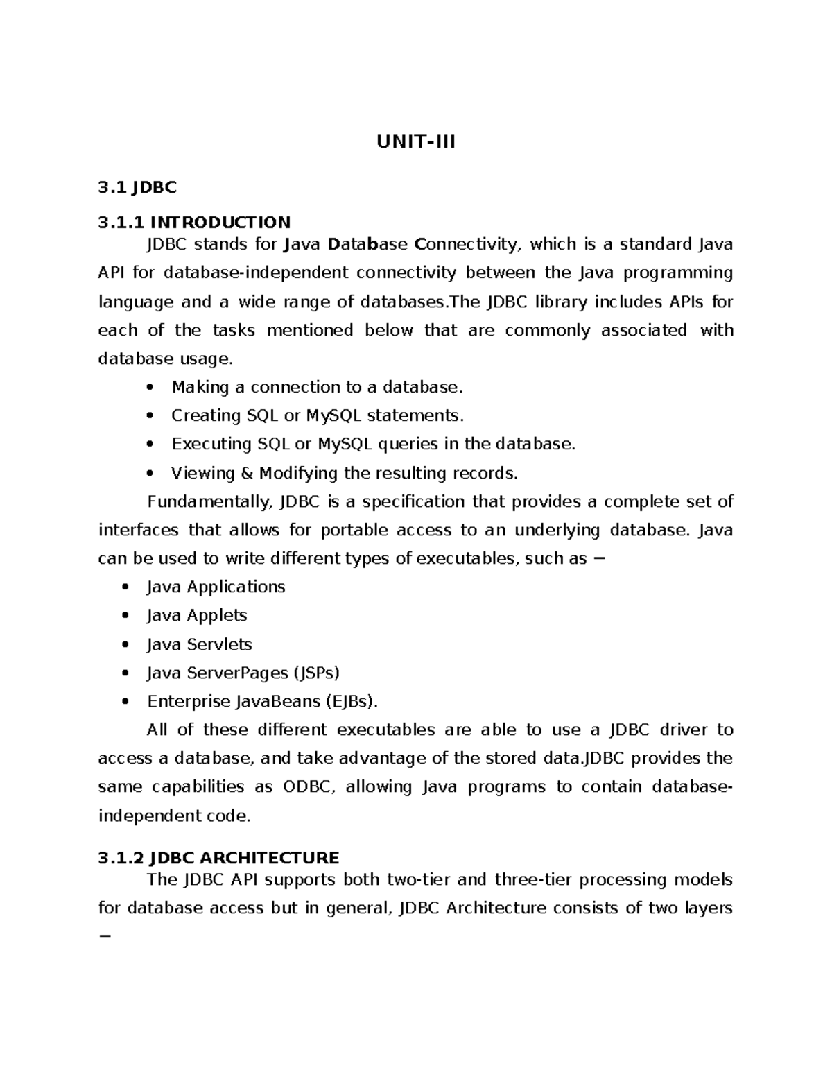 UNIT 3 - zsdgdsgh - UNIT-III 3 JDBC 3.1 INTRODUCTION JDBC stands for ...