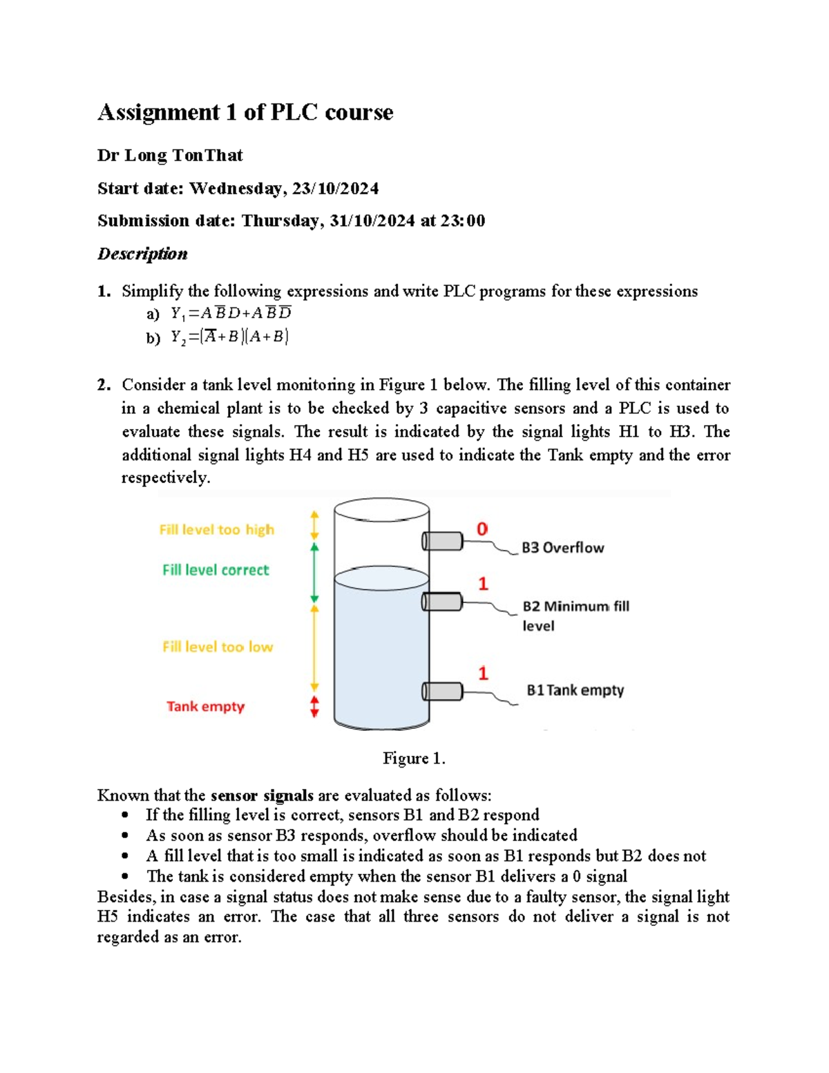 Assignment 1 for PLC v2 - 2024 - Assignment 1 of PLC course Dr Long ...