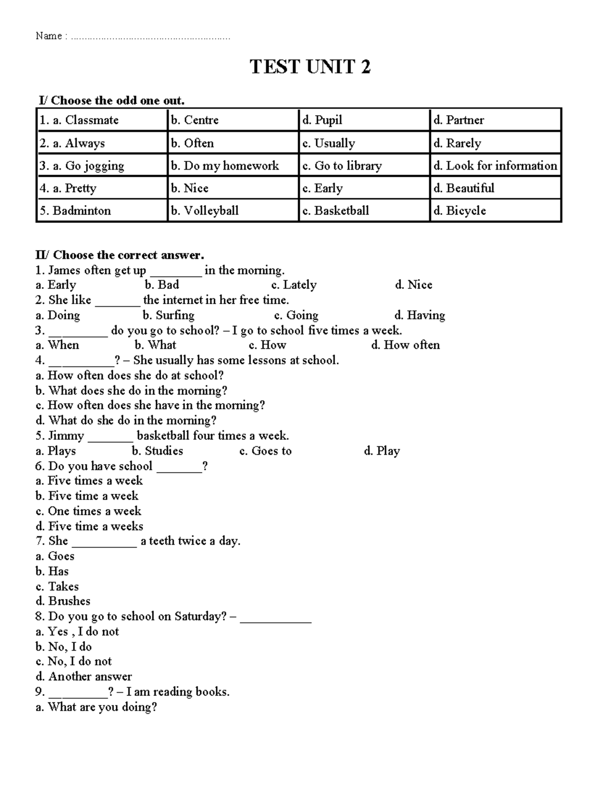 TEST UNIT 2 - English Class Assessment - Studocu